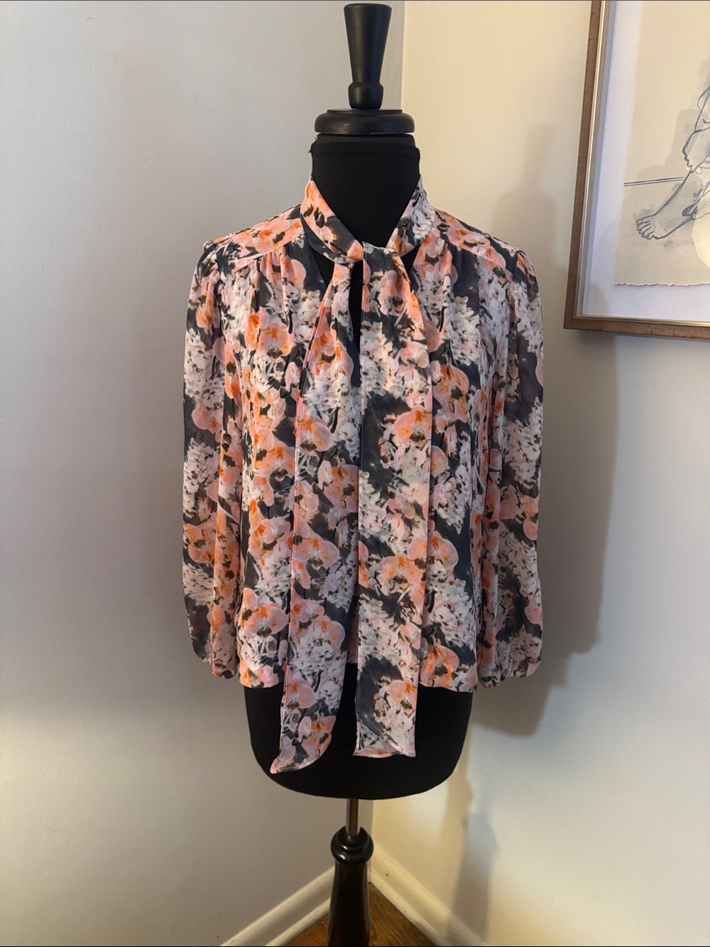 Robert Rodriguez | NWT Long Sleeve Floral Pink Orange Gray Front Tie -Size Small